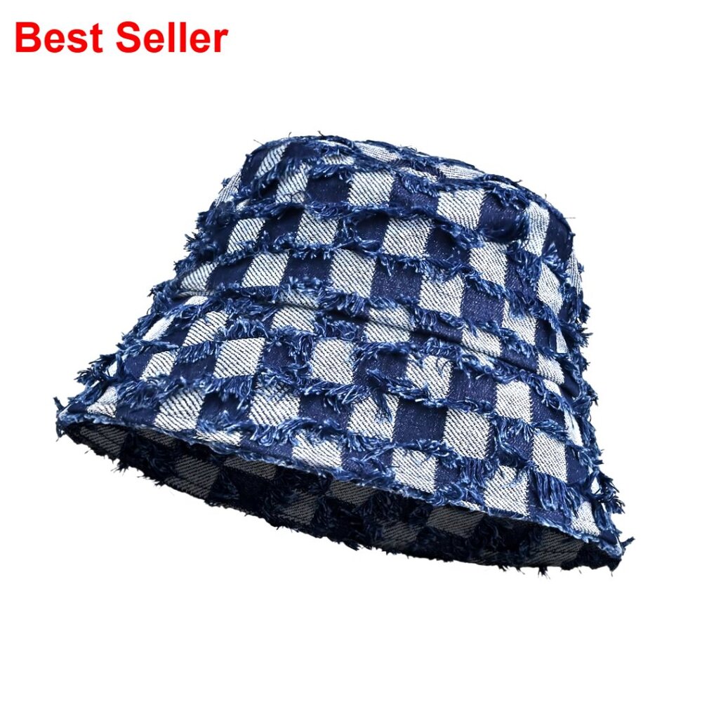 Denim Cotton Checkered Fisherman Bucket Hat Adjustable Sun Protection